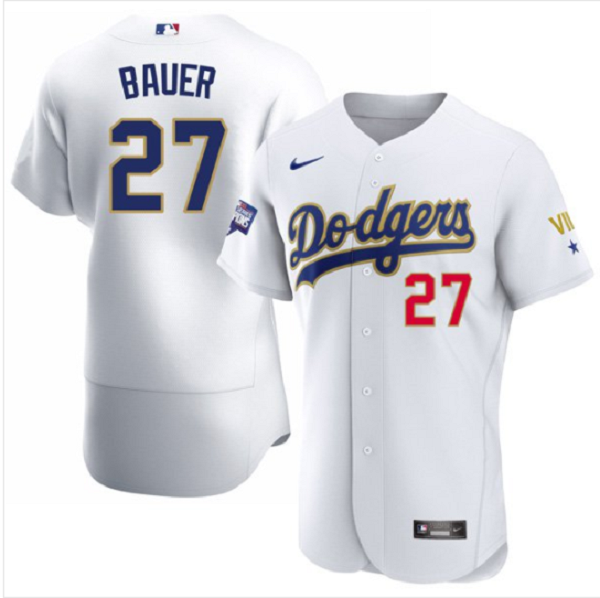 Men's Nike Los Angeles Dodgers #27 Trevor Bauer White VII Gold Series MLB Jersey