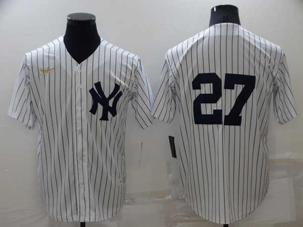 Men's Nike New York Yankees #27 Giancarlo Stanton White Strip Throwback Cool Base MLB Stitched Jersey