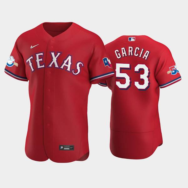 Men's Texas Rangers #53 Adolis Garcia Alternate Scarle 50th Anniversary MLB Flex Base Jersey