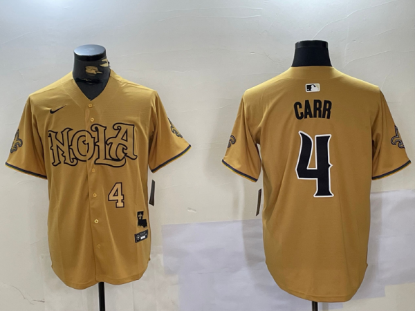 Men's New Orleans Saints #4 Derek Carr Nike Yellow Nola Stitched Baseball Jersey