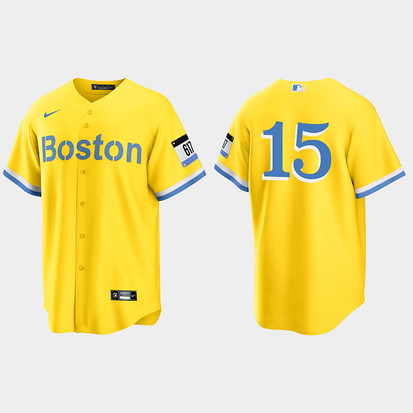 Men's Boston Red Sox #15 Dustin Pedroia Gold Light Blue 2021 MLB City Connect Cool Base Jersey