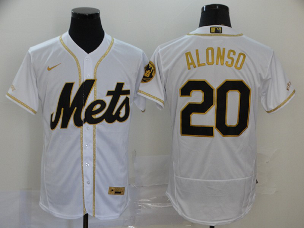 Men's New York Mets #20 Pete Alonso White With Gold Stitched MLB Flex Base Nike Jersey