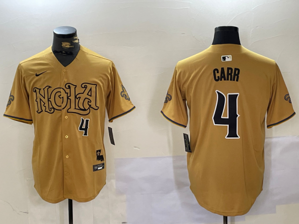 Men's New Orleans Saints #4 Derek Carr Nike Yellow Nola Stitched Baseball Jersey