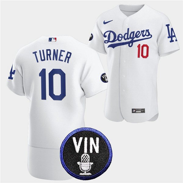 Men's Los Angeles Dodgers #10 Justin Turner 2022 White Vin Scully Patch Flex Base Stitched MLB Jersey