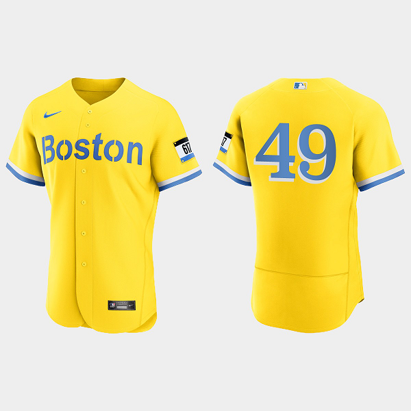 Men's Boston Red Sox #49 Tim Wakefield Gold Light Blue 2021 MLB City Connect Flex Base Jersey