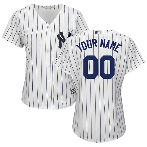 Women's New York Yankees White Navy Blue Pinstripe Majestic MLB Customized Jersey