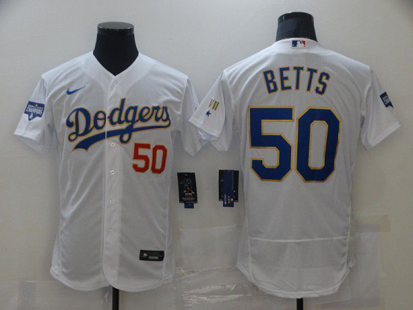 Men Los Angeles Dodgers 50 Betts Champion of white gold and blue characters Flexbase 2021 Nike MLB Jersey