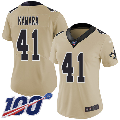 Women's New Orleans Saints #41 Alvin Kamara GoldStitched NFL Limited Inverted Legend 100th Season Jersey