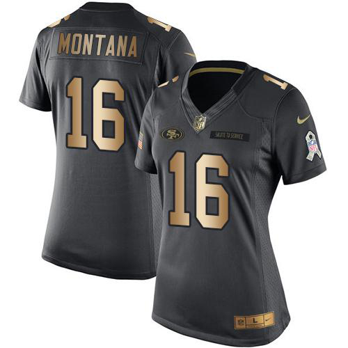 Nike San Francisco 49ers #16 Joe Montana Black Women's Stitched NFL Limited Gold Salute to Service Jersey