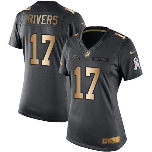 Nike Los Angeles Chargers #17 Philip Rivers Black Women's Stitched NFL Limited Gold Salute to Service Jersey