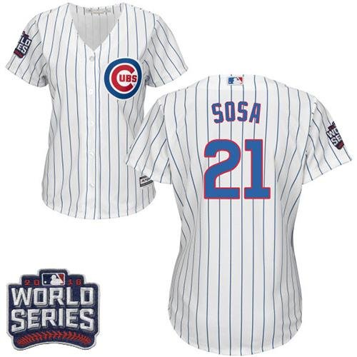 Chicago Cubs #21 Sammy Sosa White(Blue Strip) Home 2016 World Series Bound Women's Stitched MLB Jersey