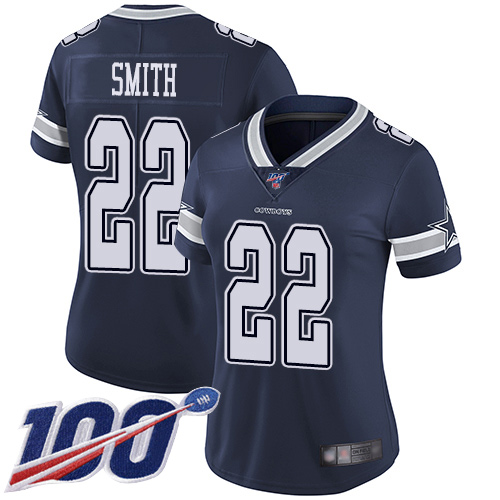 Women's Dallas Cowboys #22 Emmitt Smith Navy Blue Team ColorStitched NFL 100th Season Vapor Limited Jersey