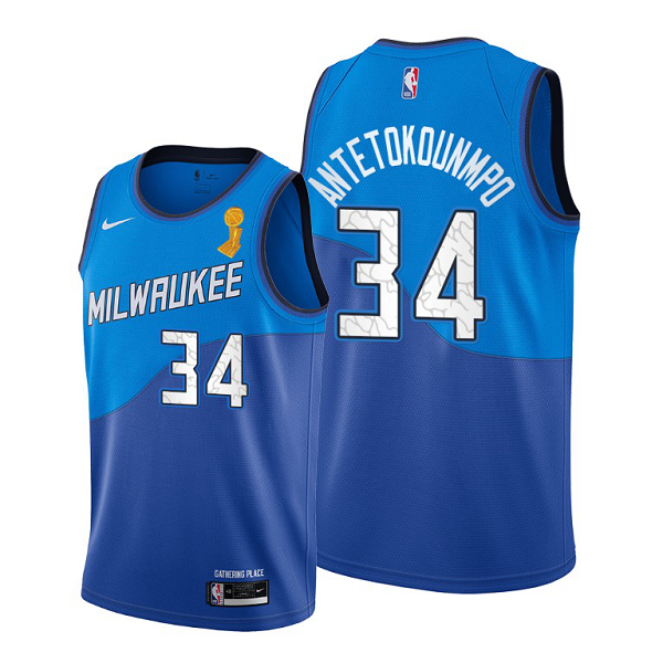 Men's Nike Milwaukee Bucks #34 Giannis Antetokounmpo 2021 NBA Finals Champions City Edition Blue Jersey