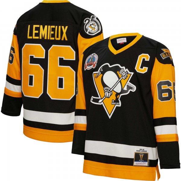 Men's Pittsburgh Penguins Mario Lemieux Mitchell & Ness Black Captain Patch 1991/92 Blue Line Player Jersey