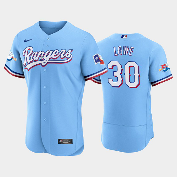 Men's Texas Rangers #30 Nathaniel Lowe 50th Anniversary Alternate Light Blue MLB Flex Base Jersey