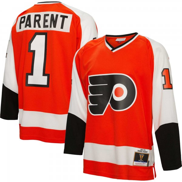 Men's Philadelphia Flyers Bernie Parent Mitchell & Ness Orange  1974/75 Blue Line Player Jersey