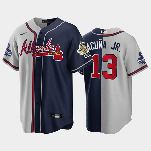 Men's Atlanta Braves 1995 Throwback Split Ronald Acuna Jr. Gray Navy 2021 World Series Champions MLB Jersey