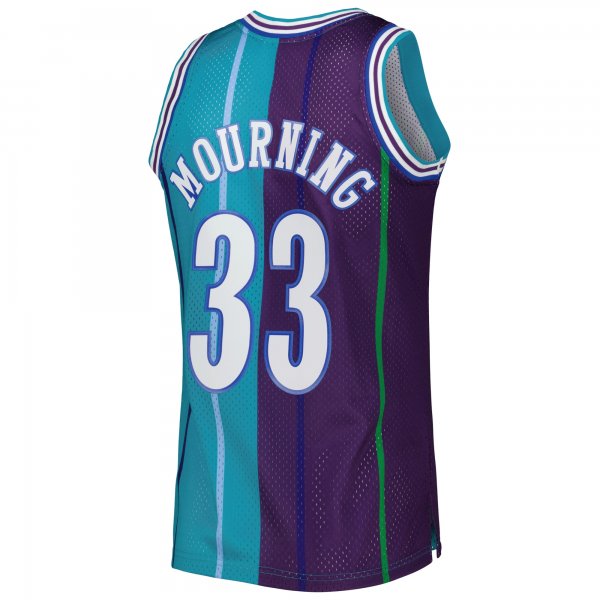 Men's Charlotte Hornets Alonzo Mourning Mitchell & Ness Teal/Purple Hardwood Classics 1992/93 Split Swingman Jersey