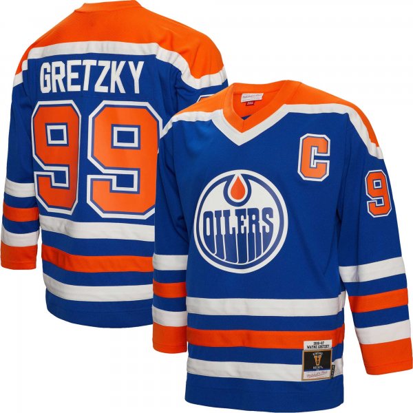 Men's Edmonton Oilers Wayne Gretzky Mitchell & Ness Royal Big & Tall 1986 Captain Patch Blue Line Player Jersey