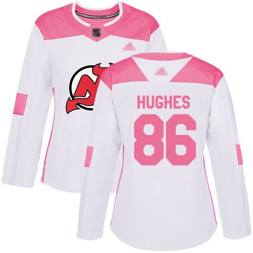 New Jersey Devils #86 Jack Hughes White/Pink Fashion Women's Stitched NHL Jersey