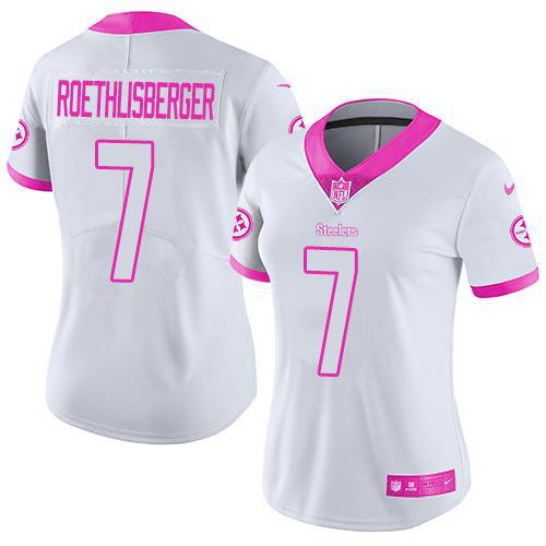 Nike Pittsburgh Steelers #7 Ben Roethlisberger White/Pink Women's Stitched NFL Limited Rush Fashion Jersey