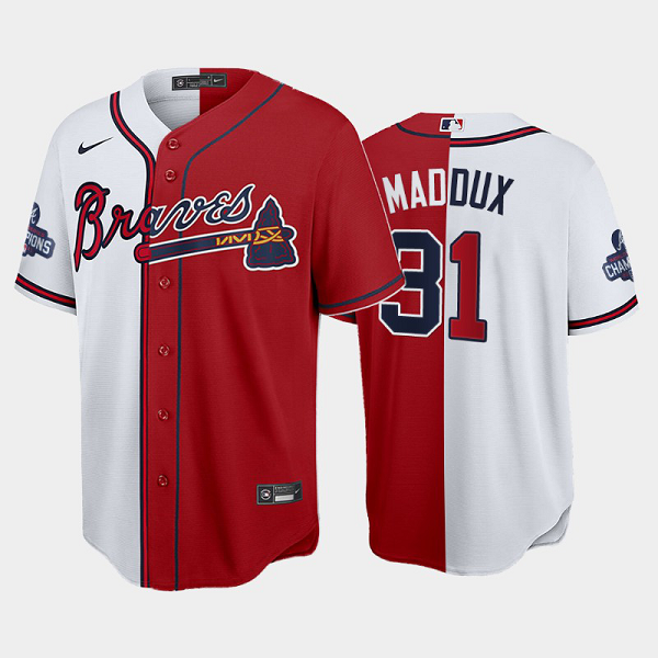 Men's Atlanta Braves Split Greg Maddux Red White 2021 World Series Champions MLB Jersey