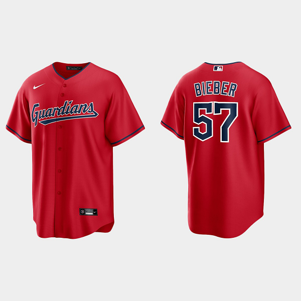 Men's Cleveland Guardians #57 Shane Bieber Red Alternate MLB Jersey