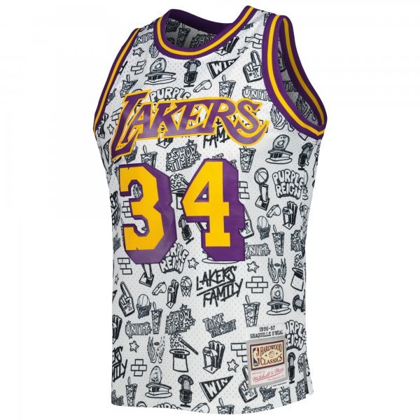 Men's Los Angeles Lakers Shaquille O'Neal Mitchell & Ness White 1996/97 Hardwood Classics Doodle Swingman Jersey