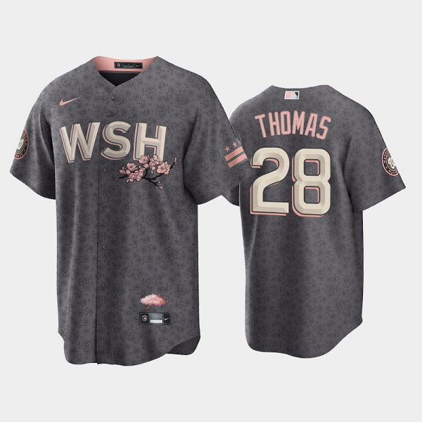 Men's #28 Lane Thomas 2022 City Connect Washington Nationals Replica Bloom Gray MLB Jersey