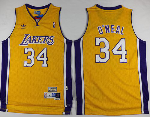 Men's Los Angeles Lakers #34 Shaquille O'Neal Yellow Throwback Stitched NBA Jersey