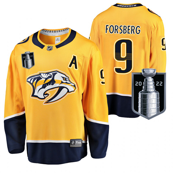 Men's Nashville Predators Filip Forsberg 2022 Stanley Cup Playoffs #9 Gold Home Jersey