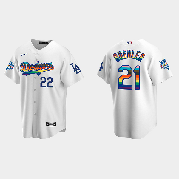 Men's Los Angeles Dodgers #21 Walker Buehler 2022 Pride Night LGBTQ Cool Base MLB Jersey - White