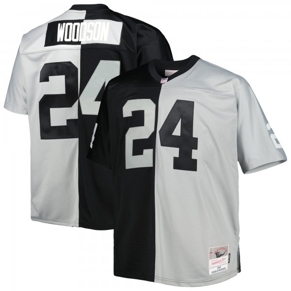 Men's Las Vegas Raiders Charles Woodson Mitchell & Ness Black/Silver Big & Tall Split Legacy Retired Player Replica Jersey