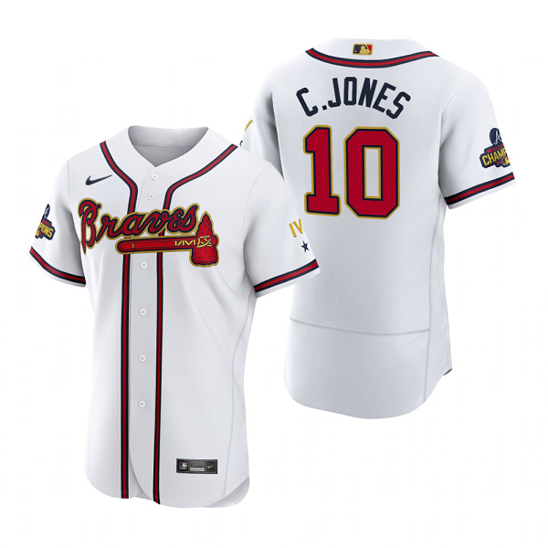 Men's Atlanta Braves #10 Chipper Jones White 2022 Gold Program MLB Jersey