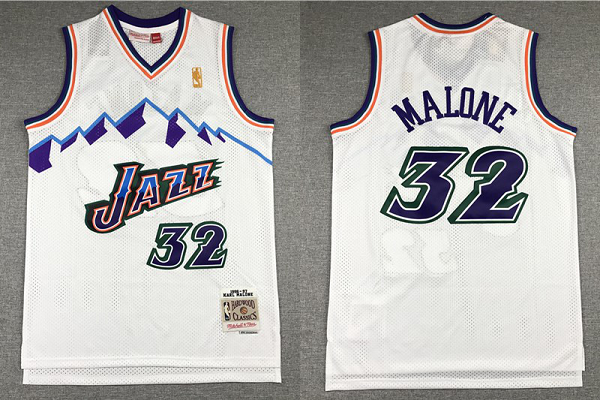 Men's Utah Jazz #32 Karl Malone Mountain White Gold NBA Hardwood Classics Soul Swingman Throwback Jersey