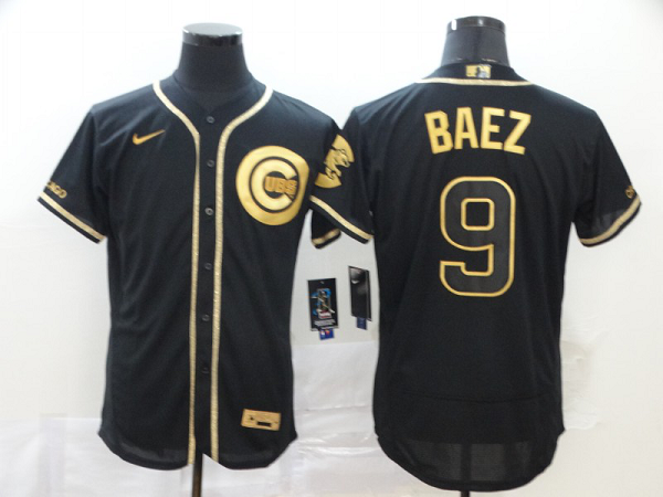 Men's Chicago Cubs #9 Javier Baez Black Golden Stitched MLB Flex Base Nike Jersey