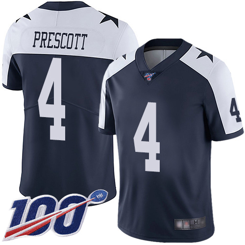 Dallas Cowboys #4 Dak Prescott Navy Blue Thanksgiving Youth Stitched NFL 100th Season Vapor Throwback Limited Jersey