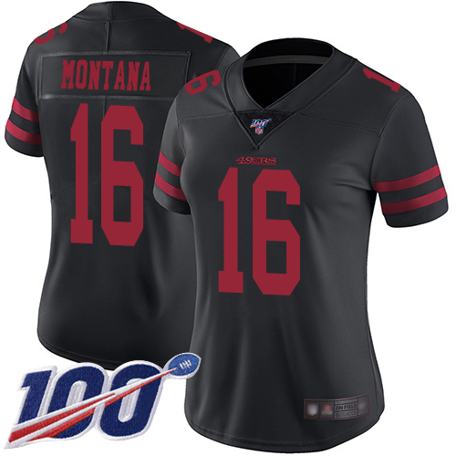 Women's San Francisco 49ers #16 Joe Montana Black AlternateStitched NFL 100th Season Vapor Limited Jersey