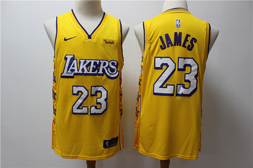 Men's Nike Los Angeles Lakers #23 LeBron James 2019-20 City Edition Yellow Jersey