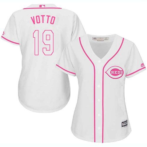 Cincinnati Reds #19 Joey Votto White/Pink Fashion Women's Stitched MLB Jersey