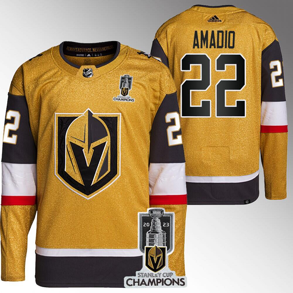 Men's Vegas Golden Knights #22 Michael Amadio 2023 Stanley Cup Champions Glod Flex Base Home Jersey