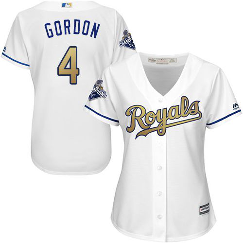 Kansas City Royals #4 Alex Gordon White 2015 World Series Champions Gold Program Cool Base Women's Stitched MLB Jersey