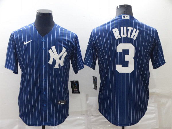 Men's Nike New York Yankees #3 Babe Ruth Blue Strip Throwback Cool Base MLB Stitched Jersey