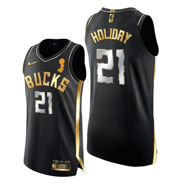 Men's Nike Milwaukee Bucks #21 Jrue Holiday 2021 NBA Finals Champions Golden Edition Black Jersey