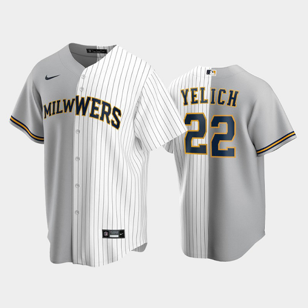 Men's Milwaukee Brewers split Replica MLB Jersey #22 Christian Yelich Gray-White