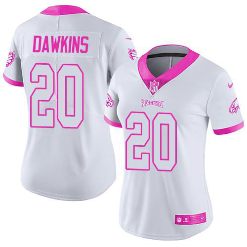 Nike Philadelphia Eagles #20 Brian Dawkins White/Pink Women's Stitched NFL Limited Rush Fashion Jersey