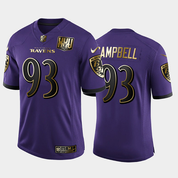 Men's Baltimore Ravens #93 Calais Campbell 25th Anniversary Golden Limited Jersey Purple