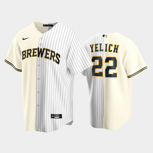 Men's Split Replica MLB Jersey Milwaukee Brewers #22 Christian Yelich Cream-White