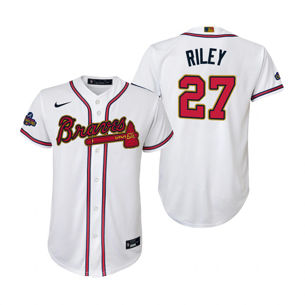 Youth #27 Austin Riley Atlanta Braves White 2022 Gold Program MLB Jersey