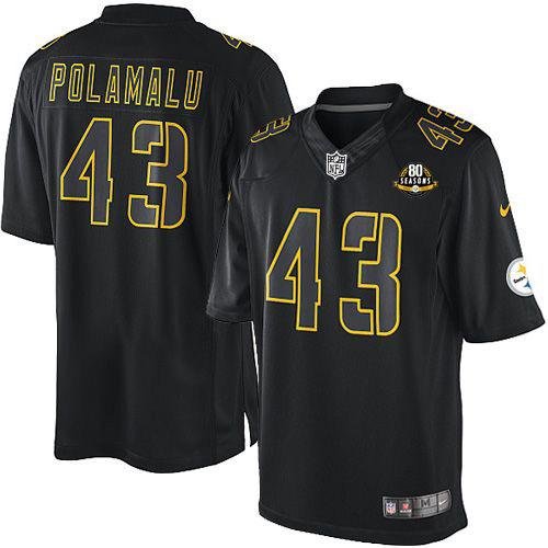 Nike Pittsburgh Steelers #43 Troy Polamalu Black With 80TH Patch Men's Stitched NFL Impact Limited Jersey